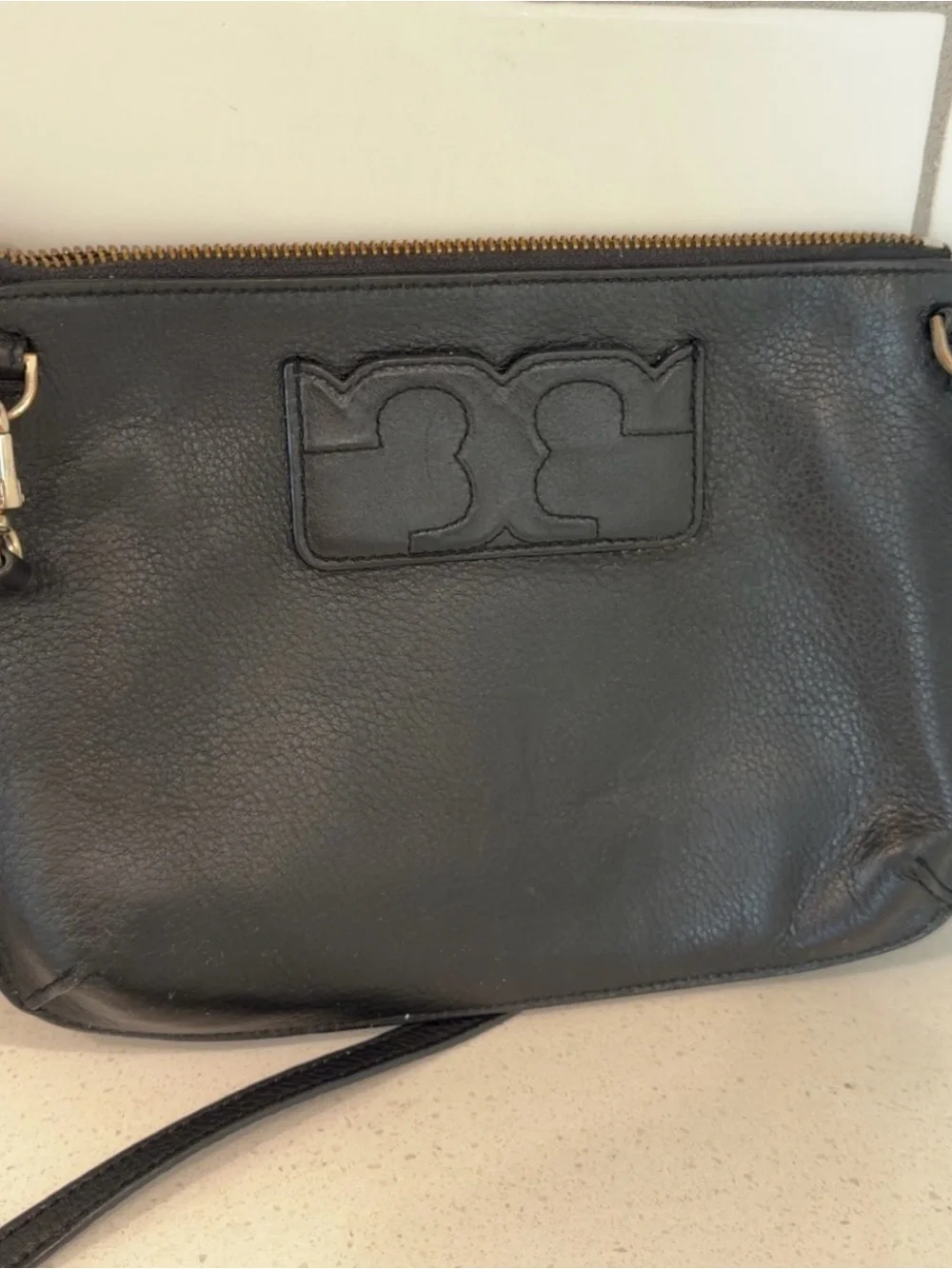 Tory Burch Black Pebbled Leather Toiletry Pouch with Gold Logo